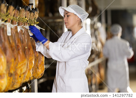 Girl employee checks jamon. Quality control Girl employee checks jamon. Quality control 141297782