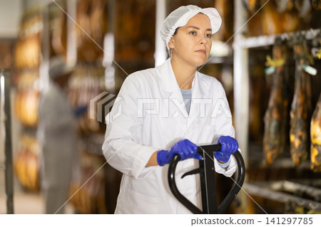 In jamon production shop, girl employee pushes heavy cart with cargo. In jamon production shop, girl employee pushes heavy cart with cargo. 141297785
