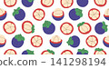 Seamless pattern whole mangosteen and fruits in cross and longitudinal sections. Seamless background with tropical fruit mangosteen. Repeating pattern of mangosteen halves 141298194