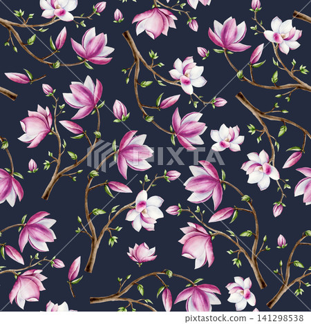Magnolia branch with pink flowers seamless pattern. Watercolor hand drawn spring lush blossom with green buds on a tree illustration isolated on background, transparent png. Botanical and wedding clip Magnolia branch with pink flowers seamless pattern. Watercolor hand drawn spring lush blossom with green buds on a tree illustration isolated on background, transparent png. Botanical and wedding clip 141298538