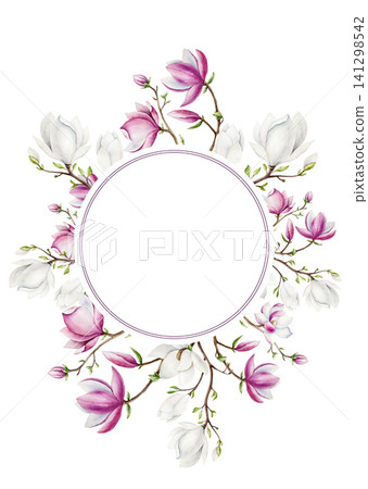 Magnolia branch frame, logo with white flowers. Watercolor hand drawn postcard, spring lush blossom with green buds on a tree illustration isolated on background, transparent png. Botanical and weddin Magnolia branch frame, logo with white flowers. Watercolor hand drawn postcard, spring lush blossom with green buds on a tree illustration isolated on background, transparent png. Botanical and weddin 141298542