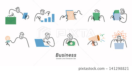 Business. Doodle line character set featuring shopping, business analytics, payment, office work, marketing, communication, creativity, and financial management. Business. Doodle line character set featuring shopping, business analytics, payment, office work, marketing, communication, creativity, and financial management. 141298821