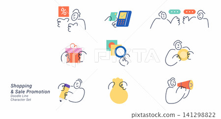 Shopping and Sale Promotion. Doodle line character set featuring discount offers, digital payment, customer communication, gift rewards, advertising, and online shopping. 141298822