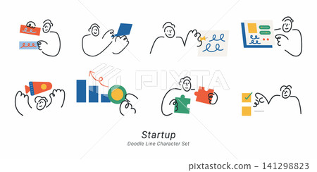 Startup. Doodle line character set featuring business planning, product development, teamwork, data analysis, growth strategy, presentation, and task management. 141298823