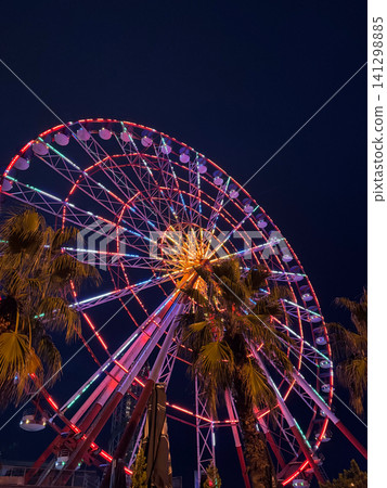 Illuminated Ferris wheel at night in Batumi, Georgia with colorful neon lights reflecting on palm leaves under dark sky Illuminated Ferris wheel at night in Batumi, Georgia with colorful neon lights reflecting on palm leaves under dark sky 141298885