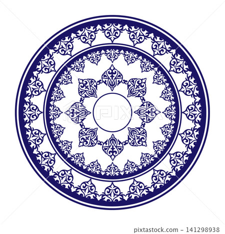 Vintage, ethnic vector round frame arabesque. Blue white decorative ceramic plate with oriental ornaments. For round surfaces, household utensils, textiles, embroidery, plate, ceramic Vintage, ethnic vector round frame arabesque. Blue white decorative ceramic plate with oriental ornaments. For round surfaces, household utensils, textiles, embroidery, plate, ceramic 141298938