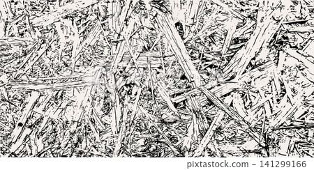 Black and white grunge vector texture with rough wood chip pattern, scratch lines, distressed grain and dirty monochrome noise. Abstract worn background for overlay, print and design effects. 141299166