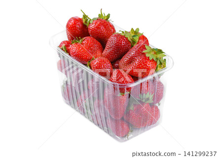 Fresh red strawberry in plastic punnet or transparent box, container isolated on white background Fresh red strawberry in plastic punnet or transparent box, container isolated on white background 141299237
