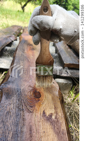 Brush spreading wood preservative over a rustic wooden plank. Outdoor DIY woodworking, timber protection, home repair and natural wood finishing. Brush spreading wood preservative over a rustic wooden plank. Outdoor DIY woodworking, timber protection, home repair and natural wood finishing. 141299386