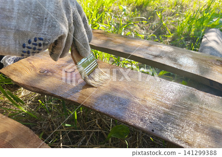Applying protective wood stain to an outdoor wooden board with a paintbrush. DIY home maintenance, timber preservation, woodworking and renovation project. Applying protective wood stain to an outdoor wooden board with a paintbrush. DIY home maintenance, timber preservation, woodworking and renovation project. 141299388