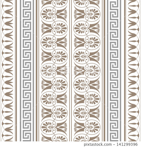 Repeating vertical border pattern featuring ancient Greek motifs: meander, wave, key, palmette designs in muted beige and grey tones, golden, on white. Greek key. Typical egyptian, assyrian, greek Repeating vertical border pattern featuring ancient Greek motifs: meander, wave, key, palmette designs in muted beige and grey tones, golden, on white. Greek key. Typical egyptian, assyrian, greek 141299396