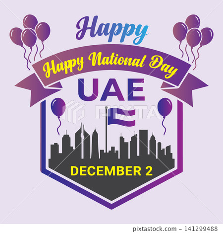 UAE happy national day typography text with flag and city skyline shield badge concept isolated UAE happy national day typography text with flag and city skyline shield badge concept isolated 141299488