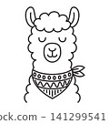 Cute llama head line art illustration with bandana on neck 141299541