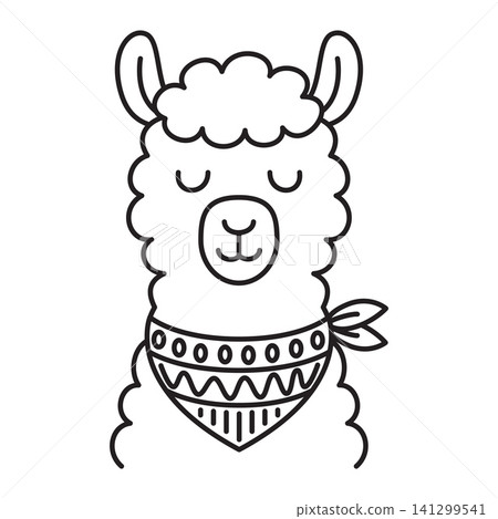 Cute llama head line art illustration with bandana on neck Cute llama head line art illustration with bandana on neck 141299541