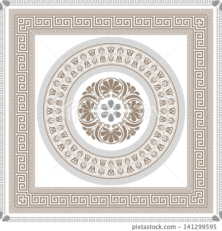 Vintage background with Greek key meander, floral ornament. Seamless tile pattern classical Greek motifs stylized acanthus palmette, key fret border, floral meander. Typical egyptian, assyrian, greek Vintage background with Greek key meander, floral ornament. Seamless tile pattern classical Greek motifs stylized acanthus palmette, key fret border, floral meander. Typical egyptian, assyrian, greek 141299595