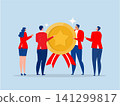 businessman boss giving golden star badge to winning employee.recognition achievement reward workplace success and outstanding performance 141299817