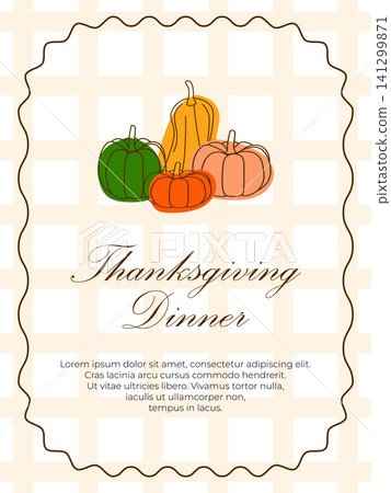 Modern Thanksgiving dinner invitation template with colorful outline pumpkins and plaid background Modern Thanksgiving dinner invitation template with colorful outline pumpkins and plaid background 141299871