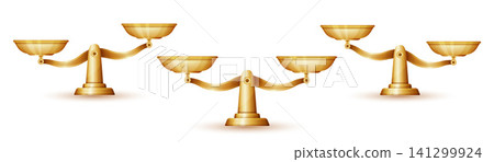 Scales balance, weight measure comparison, gold libra weigh, bowls in equilibrium, imbalance. Justice law judgement, legal fairness, equality. Vintage mass measurement tool for business trade. Vector Scales balance, weight measure comparison, gold libra weigh, bowls in equilibrium, imbalance. Justice law judgement, legal fairness, equality. Vintage mass measurement tool for business trade. Vector 141299924