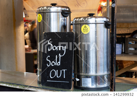 Sold out sign on stainless steel coffee urns 141299932