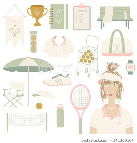 Tennis lifestyle items presenting sport equipment and accessories Tennis lifestyle items presenting sport equipment and accessories 141300104