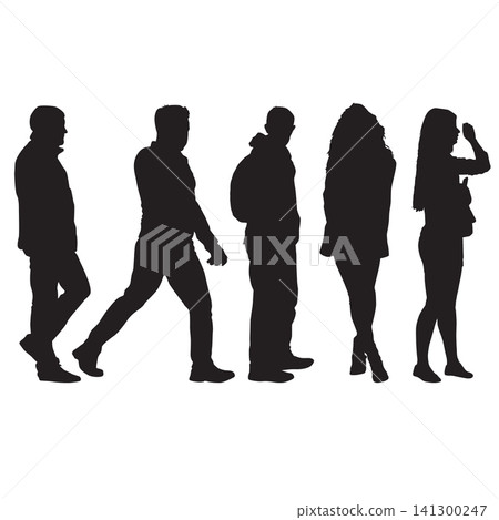 Collection of black silhouettes of standing and walking men and women isolated on white background. Collection of black silhouettes of standing and walking men and women isolated on white background. 141300247