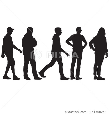 Collection of black silhouettes of standing and walking men and women isolated on white background. Collection of black silhouettes of standing and walking men and women isolated on white background. 141300248
