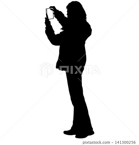 Black silhouette of a woman taking a photo with a smartphone isolated on a white background, standing and using a mobile phone camera Black silhouette of a woman taking a photo with a smartphone isolated on a white background, standing and using a mobile phone camera 141300256