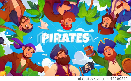 Cartoon caribbean pirate characters, corsair personages of cheerful captain and sailors. Happy pirate characters with tricorn hats and bandanas, skull and crossbones black flag on treasure island Cartoon caribbean pirate characters, corsair personages of cheerful captain and sailors. Happy pirate characters with tricorn hats and bandanas, skull and crossbones black flag on treasure island 141300261