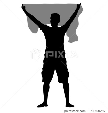 Black silhouette of a man holding a blank banner above his head isolated on a white background, male person displaying an empty sign for advertising or message Black silhouette of a man holding a blank banner above his head isolated on a white background, male person displaying an empty sign for advertising or message 141300297
