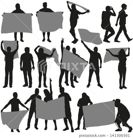 Collection of black silhouettes featuring a woman holding a blank banner, two men holding a blank banner, and two men with one woman holding a blank banner, isolated on a white background Collection of black silhouettes featuring a woman holding a blank banner, two men holding a blank banner, and two men with one woman holding a blank banner, isolated on a white background 141300301