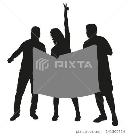 Black silhouettes of two men and one woman holding a blank banner isolated on a white background, group of people presenting an empty sign for advertising or promotion Black silhouettes of two men and one woman holding a blank banner isolated on a white background, group of people presenting an empty sign for advertising or promotion 141300314