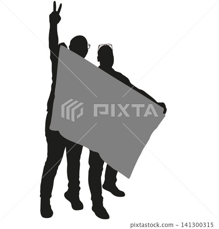 Black silhouettes of two men holding a blank banner isolated on a white background, male people presenting an empty sign for advertising, promotion, or information Black silhouettes of two men holding a blank banner isolated on a white background, male people presenting an empty sign for advertising, promotion, or information 141300315