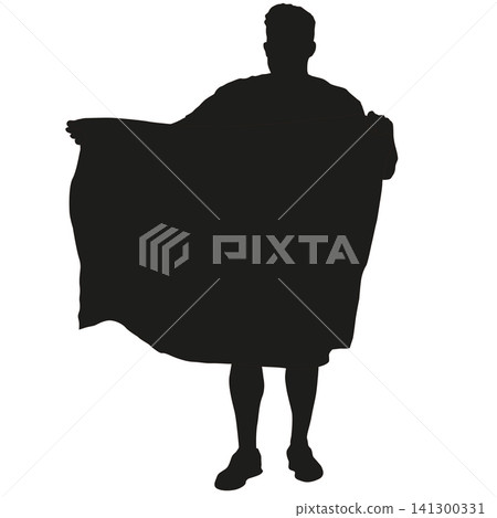 Black silhouette of a man holding a blank banner above his head isolated on a white background, male person displaying an empty sign for advertising or message 141300331