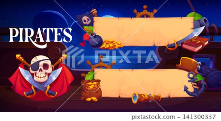 Pirate game or holiday party banners with ship deck at night featuring skull with eye patch and crossed swords, treasure coins, spyglass, cannon, anchor or steering wheel evoking adventure corsair fun Pirate game or holiday party banners with ship deck at night featuring skull with eye patch and crossed swords, treasure coins, spyglass, cannon, anchor or steering wheel evoking adventure corsair fun 141300337
