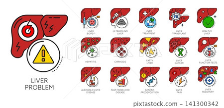 Line icons of chronic liver diseases and therapy. Medical problem symbol, liver health sign. Gastrointestinal medicine outline icons set with hepatitis, cirrhosis and cancer, alcoholic diseases Line icons of chronic liver diseases and therapy. Medical problem symbol, liver health sign. Gastrointestinal medicine outline icons set with hepatitis, cirrhosis and cancer, alcoholic diseases 141300342