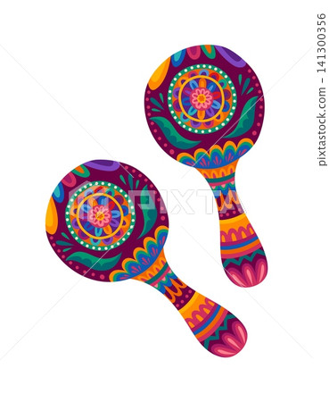Mexican carnival colorful maraca music instrument. Latin American carnival music instrument sticker, Cuba holiday isolated vector maraca. Mexican culture folk maracas with flower and leaves patterns Mexican carnival colorful maraca music instrument. Latin American carnival music instrument sticker, Cuba holiday isolated vector maraca. Mexican culture folk maracas with flower and leaves patterns 141300356