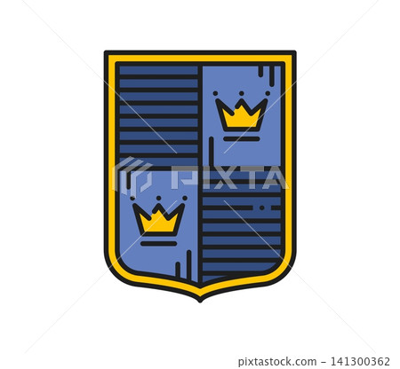 Heraldry blue shield with crown color line icon or sign. Antique Coat of Arms linear sign, vintage medieval icon. Ancient heraldry symbol Heraldry blue shield with crown color line icon or sign. Antique Coat of Arms linear sign, vintage medieval icon. Ancient heraldry symbol 141300362