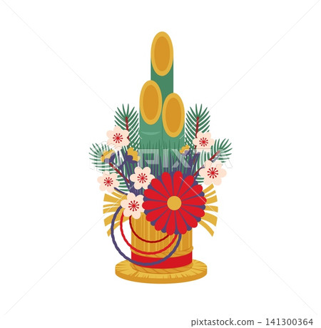 Cartoon Japanese New Year kadomatsu festive decoration with bamboo stalks, pine branches, red Chrysanthemum and pink plum flowers. Traditional seasonal symbol of celebration and cultural greeting Cartoon Japanese New Year kadomatsu festive decoration with bamboo stalks, pine branches, red Chrysanthemum and pink plum flowers. Traditional seasonal symbol of celebration and cultural greeting 141300364