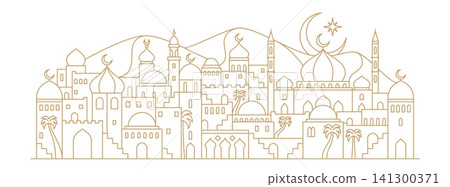 Arabian city landscape silhouette with crescent moon and mosque, dome, minarets, arch and palm trees. Golden line art panorama features desert dunes for Eid Mubarak or Ramadan Kareem event banners Arabian city landscape silhouette with crescent moon and mosque, dome, minarets, arch and palm trees. Golden line art panorama features desert dunes for Eid Mubarak or Ramadan Kareem event banners 141300371