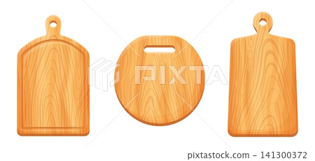 Cartoon wooden kitchen chopping board, cutting board utensils. Durable natural timber planks, wood dishes for culinary. Wood boards with handles and natural grain texture for kitchen food slicing Cartoon wooden kitchen chopping board, cutting board utensils. Durable natural timber planks, wood dishes for culinary. Wood boards with handles and natural grain texture for kitchen food slicing 141300372