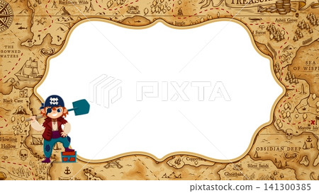 Kids pirate diploma certificate with funny corsair and treasure map frame. Kid boy pirate with treasure chest and spade on Caribbean Island map for diploma certificate or appreciation letter award 141300385