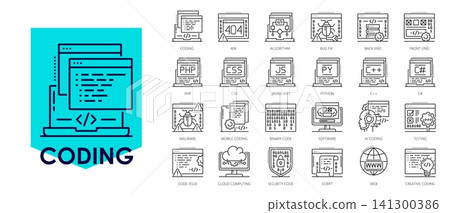 Software program code vector icons set. Outline coding and development symbols including algorithm, bug fix, malware and programming languages. Vector icons of tech website, software documentation 141300386
