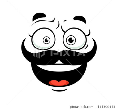 Cartoon cheerful happy mustached face emoji with wide eyes, raised eyebrows and big smiling mouth showing small red tongue. Comic character playful, surprised and amused emotion or feelings expression Cartoon cheerful happy mustached face emoji with wide eyes, raised eyebrows and big smiling mouth showing small red tongue. Comic character playful, surprised and amused emotion or feelings expression 141300413
