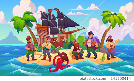 Cartoon pirate and corsair characters on tropical island. Male ship crew personages relax on sunny beach with black sail sloop anchored offshore, treasure chest, palm tree and playful octopus in water Cartoon pirate and corsair characters on tropical island. Male ship crew personages relax on sunny beach with black sail sloop anchored offshore, treasure chest, palm tree and playful octopus in water 141300414