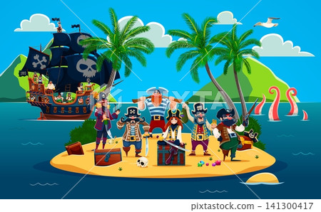 Cartoon pirates and corsair characters on tropical island with palm trees and treasure chest, skull flag, black galleon anchored offshore and sea creature tentacles in the water. Adventurous ship crew Cartoon pirates and corsair characters on tropical island with palm trees and treasure chest, skull flag, black galleon anchored offshore and sea creature tentacles in the water. Adventurous ship crew 141300417