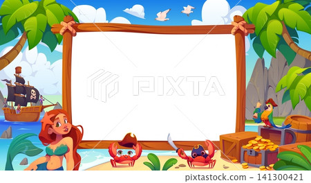 Pirate banner board with sail ship, mermaid and funny crab corsair characters, cute parrot and treasure chests on tropical island beach with palms. Kids pirate party invitation banner template Pirate banner board with sail ship, mermaid and funny crab corsair characters, cute parrot and treasure chests on tropical island beach with palms. Kids pirate party invitation banner template 141300421