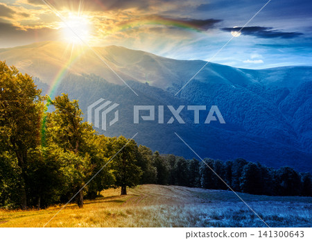 carpathian mountain landscape in summer. day meet night. primeval beech forest on the grassy hill. sun and moon over epic scenery of ukrainian highlands. pristine ecosystem of europe for wallpaper carpathian mountain landscape in summer. day meet night. primeval beech forest on the grassy hill. sun and moon over epic scenery of ukrainian highlands. pristine ecosystem of europe for wallpaper 141300643