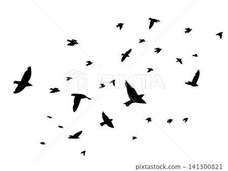 Flying birds silhouette flock. hand drawing. Not AI. Vector illustration Flying birds silhouette flock. hand drawing. Not AI. Vector illustration 141300821
