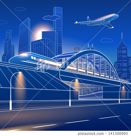 Modern smart city at night featuring a high-speed train, illuminated bridge, skyscrapers and airplane. Blue outline vector illustration of futuristic urban transportation infrastructure. Modern smart city at night featuring a high-speed train, illuminated bridge, skyscrapers and airplane. Blue outline vector illustration of futuristic urban transportation infrastructure. 141300993