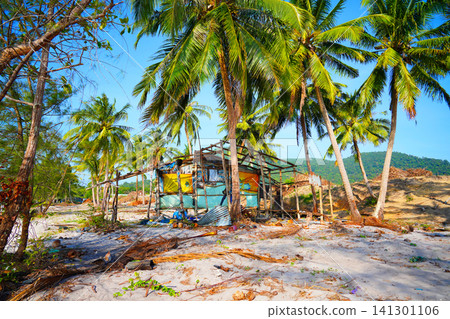 Ruined wooden hut on sandy beach 141301106